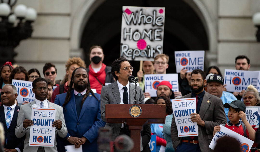 ImageSenator Saval speaks at a May 2023 rally with advocates on the steps to the Pennsylvania Capitol in support of the Whole-Home Repairs Program.